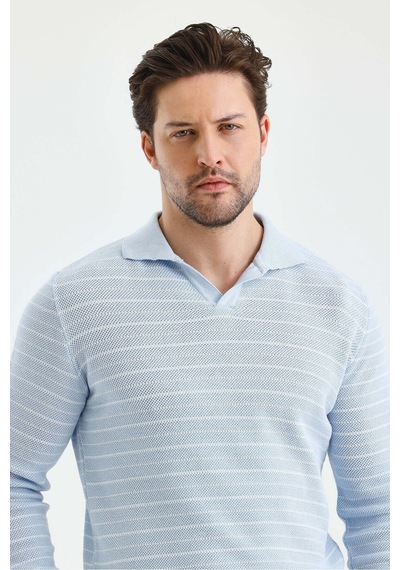 Cool Tarz Erkek Patlı Slim Fit Çizgi Detaylı Uzun Kollu Polo Yaka Triko Kazak Mavi Mavi