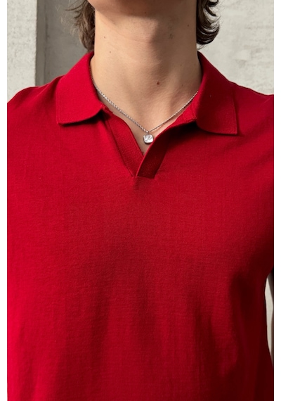 Erkek Oversize Pamuklu Polo Yaka Triko T-shirt Kırmızı