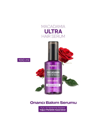 Yıpranmış Kuru Saçları Parlatan Onarıcı Serum Kundal Macadamia Ultra Hair Serum English Rose