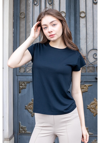Kadın İpeksi Kumaş Geniş Sıfır Yaka Kısa Kol Tshirt Bluz-koyu Lacivert K.lacivert