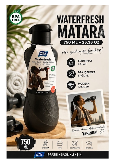 Renkli Suluk Matara 750 Ml Kokusuz Suluk, Okul Suluğu, Spor Suluğu, Plastik Suluk Siyah