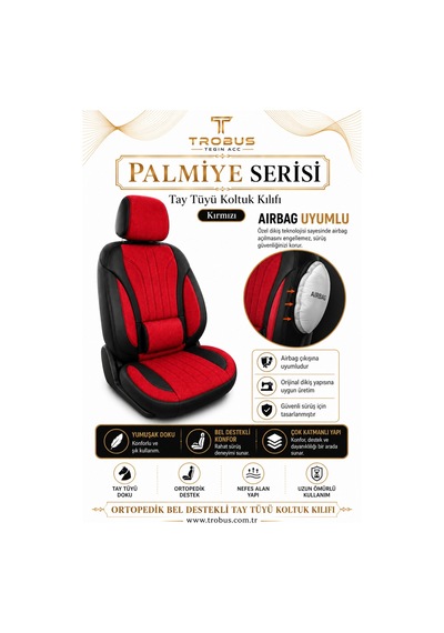 Mercedes Glc 2015 Sonrası Uyumlu Palmiye Serisi Kırmızı Siyah Bel Destekli Tay Tüyü Koltuk Kılıfı