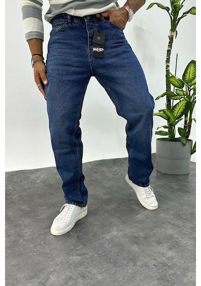 Baggy Koyu Mavi Renk Eskitme Kot Pantolon-Erkek Koyu Mavi