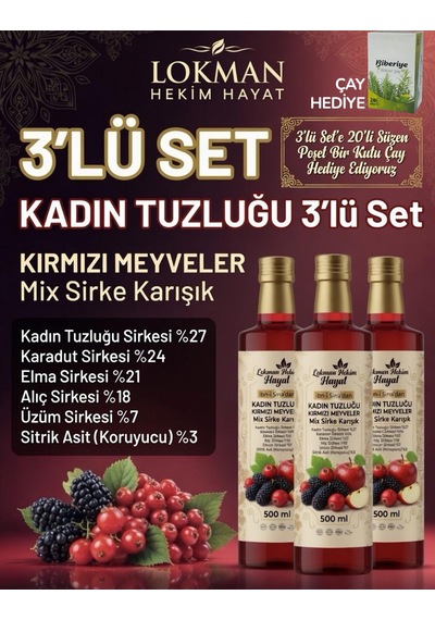 3 Şişe Lokman Hekim Hayat Kadın Tuzluğu Berberin Kırmızı Meyveler Mix Sirke Karışık 3x500 Ml