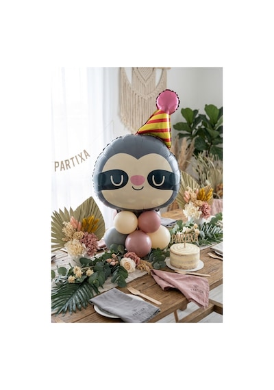 Şapkalı Safari Tembel Hayvan Kafa Folyo Balon 71x48 Cm Safari Temalı Çocuk Doğum Günü Parti Süsü Çok Renkli