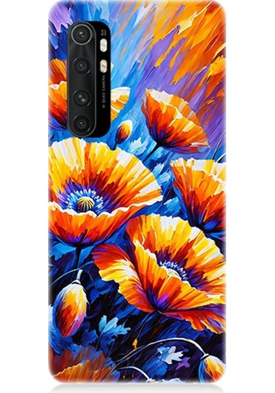 Xiaomi Mi Note 10 Lite Uyumlu Geceye Açan Turuncu Çiçekler Desenli Silikon Kılıf Çok Renkli