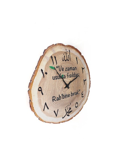 Dekoratif Ağaç Gövdesi Kütük Şeklinde Dini Motifli 40 Cm Duvar Saati Ahşap