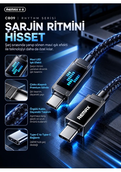 Remax Cb09-cc Rhythm Serisi 240w Type-c To Type-c Mavi Led Işıklı Örgülü Hızlı Şarj Ve Data Kablosu 1.2 Metre