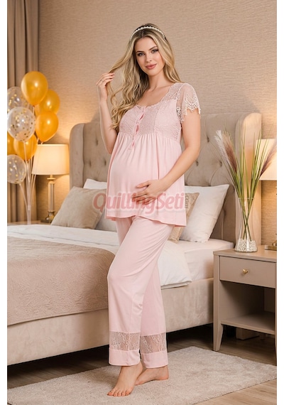 Lady Pembe Renkli, Derin Patlı, Dantel Detaylı 33002 Sabahlıklı 3lü Lohusa Hamile Pijama Takımı Açık Pembe