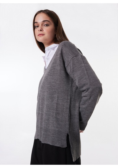 Limon Gri Kadın V Classic Fit Düz Kazak L4wl-kzk-9003
