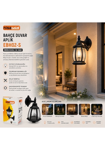 E27 - Ip44 Siyah 60w Duvar Aplik Bahçe-balkon Sokak Lambası - Armatür Ebh02-s 5523 Abanoz