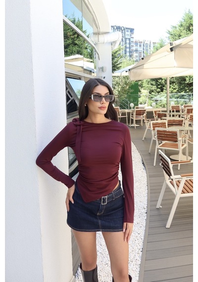 Kechi Woman Omuz Bağlamalı Asimetrik Kesim Bluz Bordo