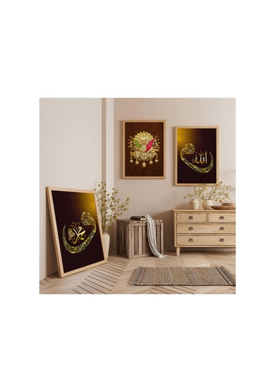 Ahşap Çerçeveli Sarı Renk Modern Üçlü Ahşap Tablo Seti
