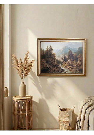 Vintage Dekoratif Gold Çerçeveli Manzara Tablosu 80x60 Cm