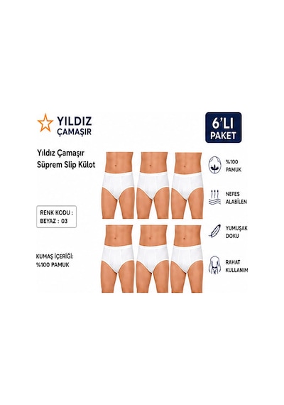 Yıldız Çamaşır Erkek Süprem Slip Külot 03-130-131 - 6 Adet Beyaz