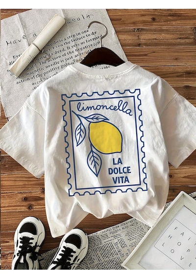 Limoncella "la Dolce Vita" Baskılı Oversize Pamuklu Kadın T-shirt Beyaz