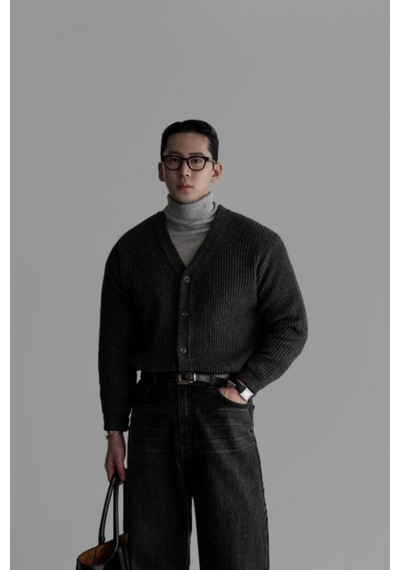 Tarz Cool Erkek Regular Fit Düğmeli V Yaka Triko Hırka Füme