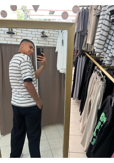 Tuba Toptaş Çizgili Yakalı Triko Tshirt Beyaz