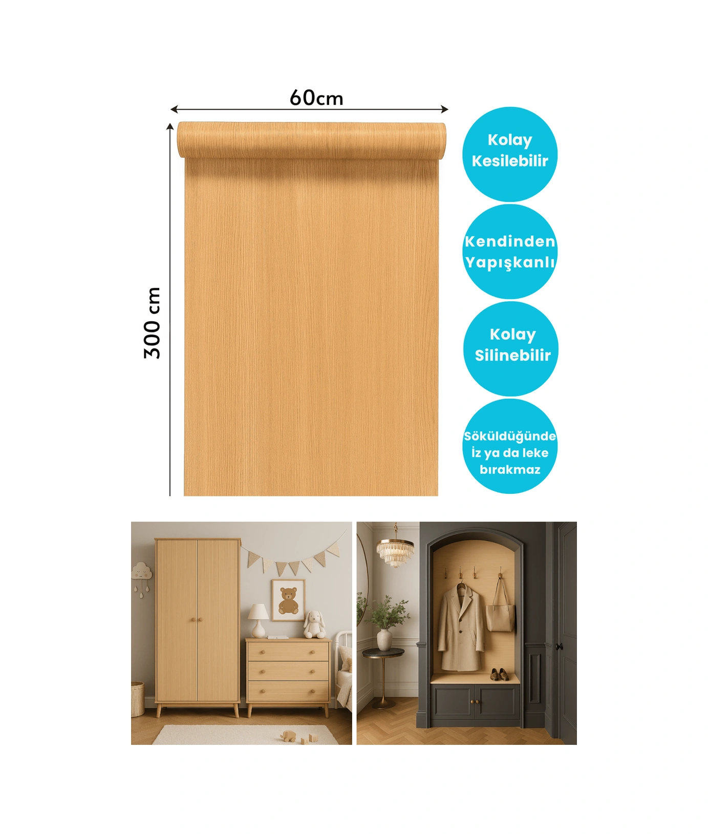 Technojet Premium Seri Kendinden Yapışkanlı Ahşap Desenli Pvc Kaplama 60cmx300cm Açık Meşe