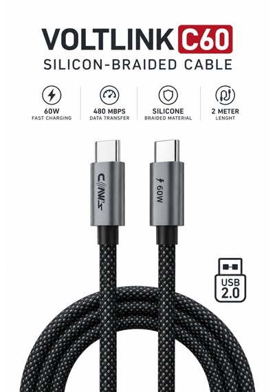 Voltlınk C60 Usb-c To Usb-c 60w Hızlı Şarj Ve 480 Mbps Veri Aktarım Silikon Örgülü Kablo 2 Metre Siyah