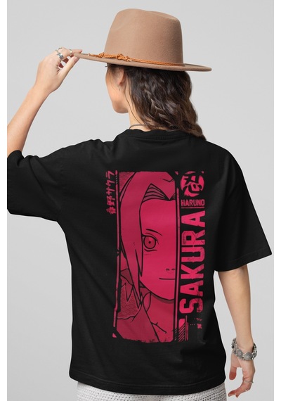 Sevbano Naruto Sakura Haruno Sırt Baskılı Unisex Oversize Anime Tişört Siyah