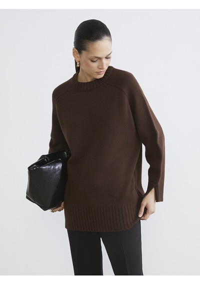 Lcw Modest Kahverengi Bisiklet Yaka Oversize Kadın Triko Tunik