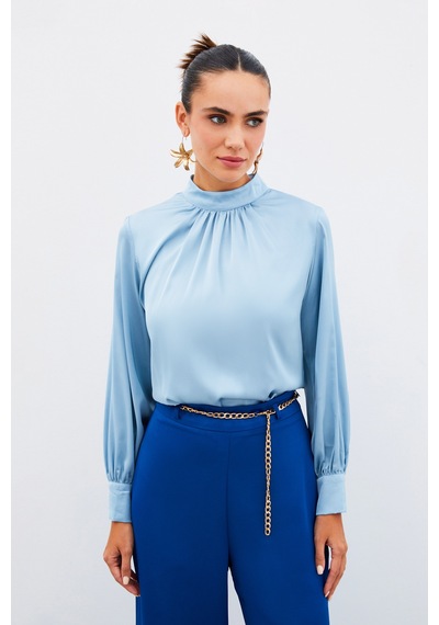 Sateen Yaka Detaylı Saten Bluz - Bebe Mavi-134912 Bebe Mavi