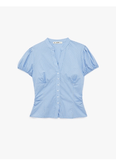Koton Pamuklu Slim Fit Poplin Balon Kollu V Yaka Gömlek Mavi Ekose 6sal60211ıw