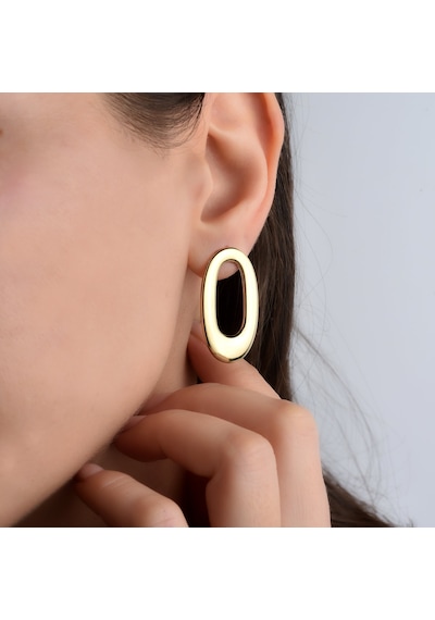 925 Ayar Altın Mikron Kaplama Oval Halka Küpe - E00280 Gold