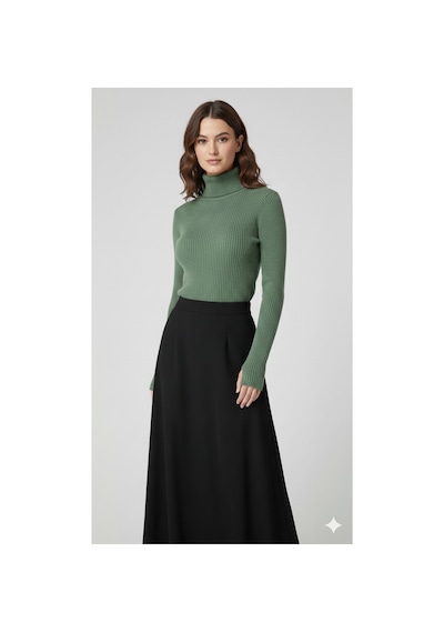Sonbaharmoda Kadın Boğazlı Likralı Triko Badi Parmak Geçmeli Kol, Tek Beden,100% Akrilik Fıstık Yeşili