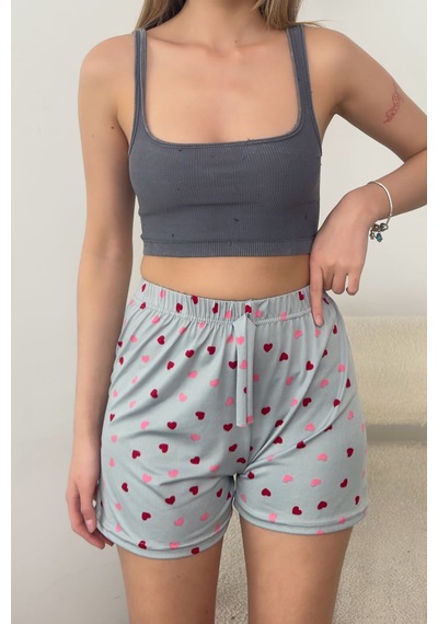 Giysa Kadın Beli Lastikli Kalp Desenli Pijama Altı Şort Gri - 26y 2602