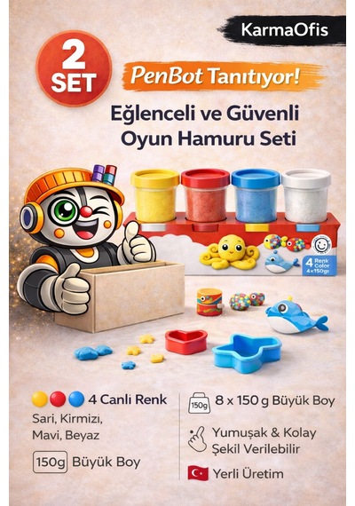 Kidz 2 Li Büyük Boy Oyun Hamuru Seti 8x150 Gr 4 Renkli Çocuk Oyun Hamuru Yumuşak & Yerli Üretim Beyaz