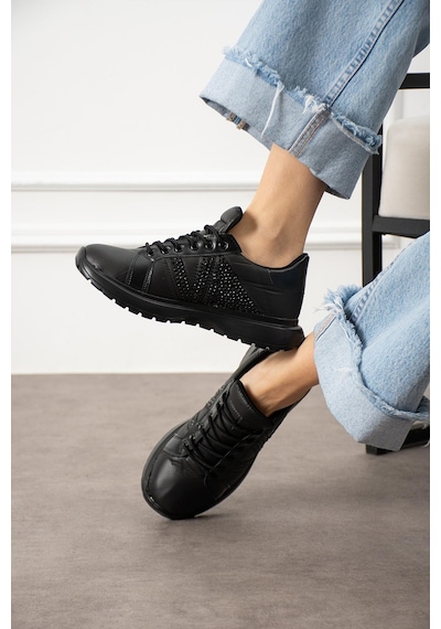 Shoetek Beatriz Kadın Sneakers Yandan Taşlı Bağcıklı Spor Ayakkabı Siyah Siyah