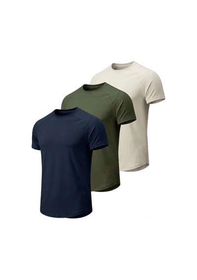 Genius Store 3'lü Paket Erkek Spor Tişört Pamuklu Esnek Günlük Kullanıma Uygun Premium Rahat Kalıpt-shirt Haki-taş-lacivert