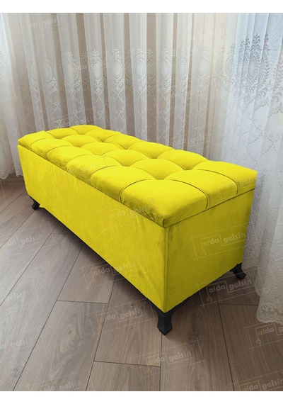 Lüks Çizgi Kapitoneli Sandıklı Puf Bench 120 Cm Siyah Ayak Sarı