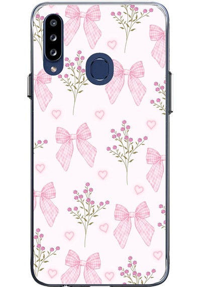 Samsung Galaxy A20s Uyumlu Pembe Çiçek Ve Fiyonklar Baskılı Silikon Kılıf Renkli