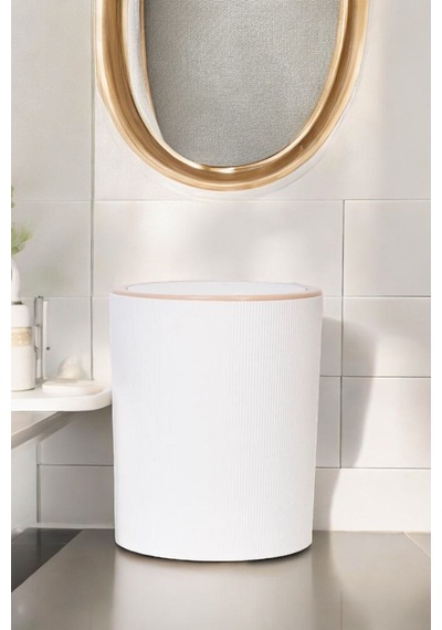 Decorev Lüks Ahşap Desenli Banyo Mutfak Çöp  Kovası Beyaz