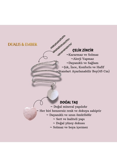Doğal Taş - Pembe Kuvars Kalp Kolye Açık Pembe