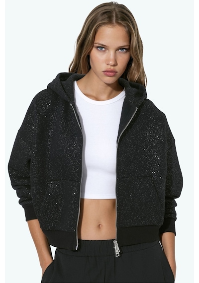 Hiccup Işıltılı Kapüşonlu Fermuarlı Sweatshirt Siyah