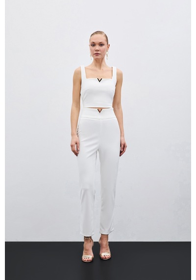 Sateen Bel Aksesuarlı Pantolon - Ekru-135480 Ekru
