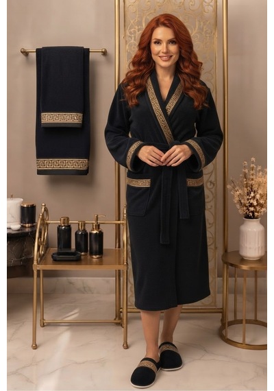 Premium %100 Pamuk Unisex Şalyaka Cepli Bornoz Seti 4 Parça Havlu Terlik Takımı Siyah Siyah
