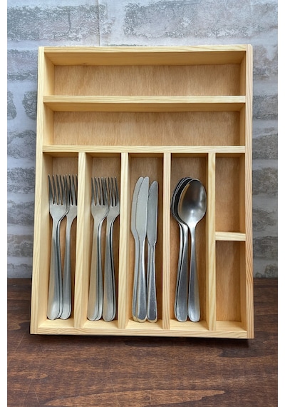 30x40 Cm Çok Bölmeli Ahşap Kaşıklık Ve Kepçelik Seti - Çekmece Düzenleyici- Ahşap Organizer