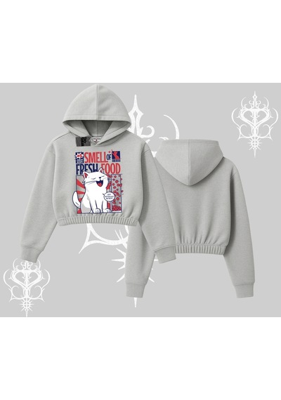 Startmore Smell Of Fresh Food Kedi Baskılı Kapşonlu Crop Sweatshirt Gri
