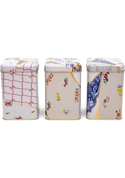 Kint Sugi Desenli Kare Metal Saklama Kabı 3 Lü Set, 10.5 X 10.5 X 16 Cm