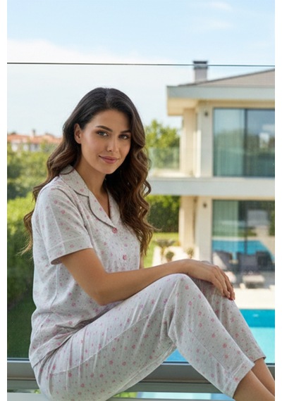 Remsa Kadın Desenli Kısa Kol Suprem Pijama Takımı 0249 Bej