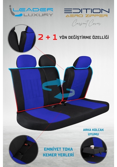 Renault 11 Flash Uyumlu Lüx Deri Detaylı Tay Tüyü Oto Koltuk Kılıfı Ön Arka Takım Edition Serisi Mavi