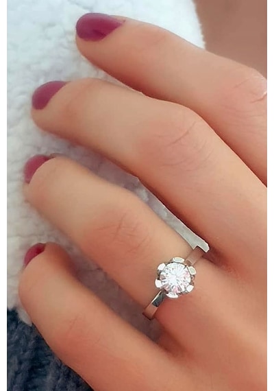 Swarovski Taşlı Gümüş Tek Taş Yüzük 18
