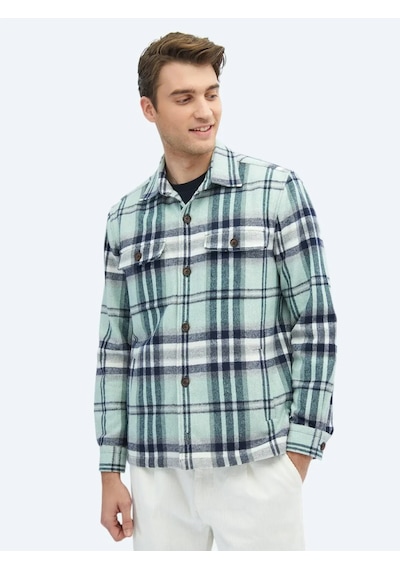 Kip Mint Kareli Regular Fit Dokuma Yün Karışımlı Overshırt Mint