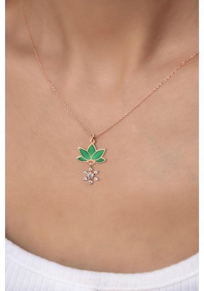 Papatya Silver 925 Ayar Gümüş Rose Kaplama Parlayan Rüya Serisi Tasarım Ebruli Cam Boyalı Mini Çiçek, Lotus Kolye