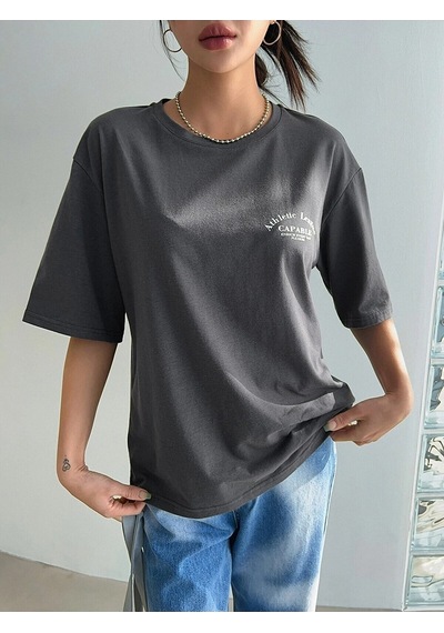 Flood Of Style Kadın Füme Capable Baskılı Bisiket Yaka Tshirt Gri